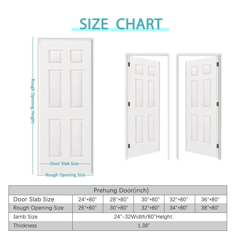6 Panel White Veneer Hollow-Core Interior Pantry Door Slab – Prehung-Style MDF Door with Frame & Hardware (Door & Frame Ship Separately)