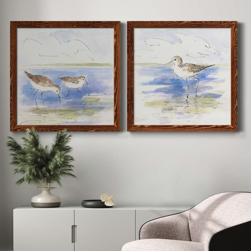 Oiseaux de rivage croquis I - ensemble de 2 peintures sur toile encadrées, H 35,5 po x l 71 po x P 1,5 po, Érable encadré