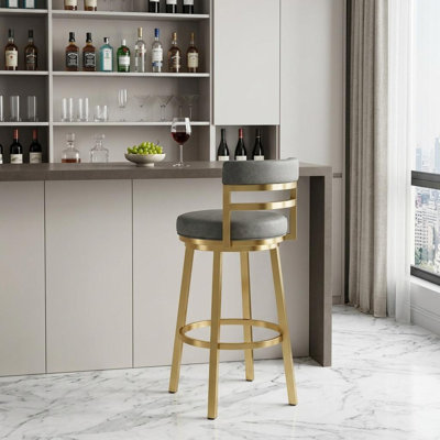 Deherrera Modern Swivel Counter or Bar Stool with Open Low Back and Footrest in Metal and Faux Leather