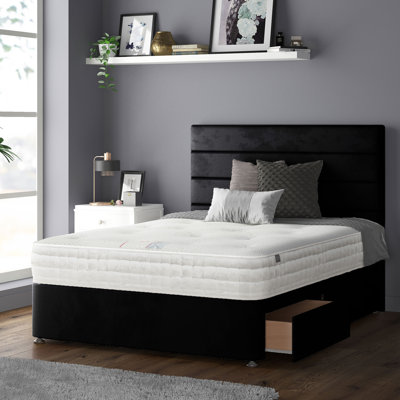 Kiara Stripped Floor Standing Headboard with Divan Base Plush Velvet and Metal Feet