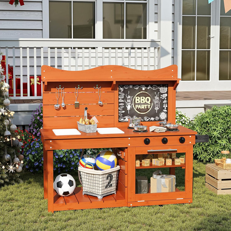 Wooden Mud Kitchen, Outdoor Kitchen Playset For Kids, Toddler Pretend Play Kitchen With Blackboard, Kitchenware, Stove