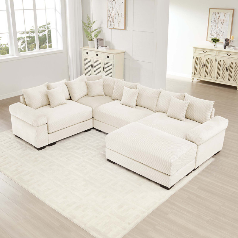 Canapé modulaire surdimensionné en velours côtelé avec 4 repose-pieds et 13 coussins décoratifs Modern, Velours côtelé crème