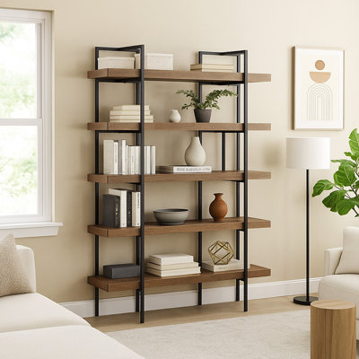 Bibliothèque Tey, 5 tablettes, bois de manguier brun, structure en métal gris