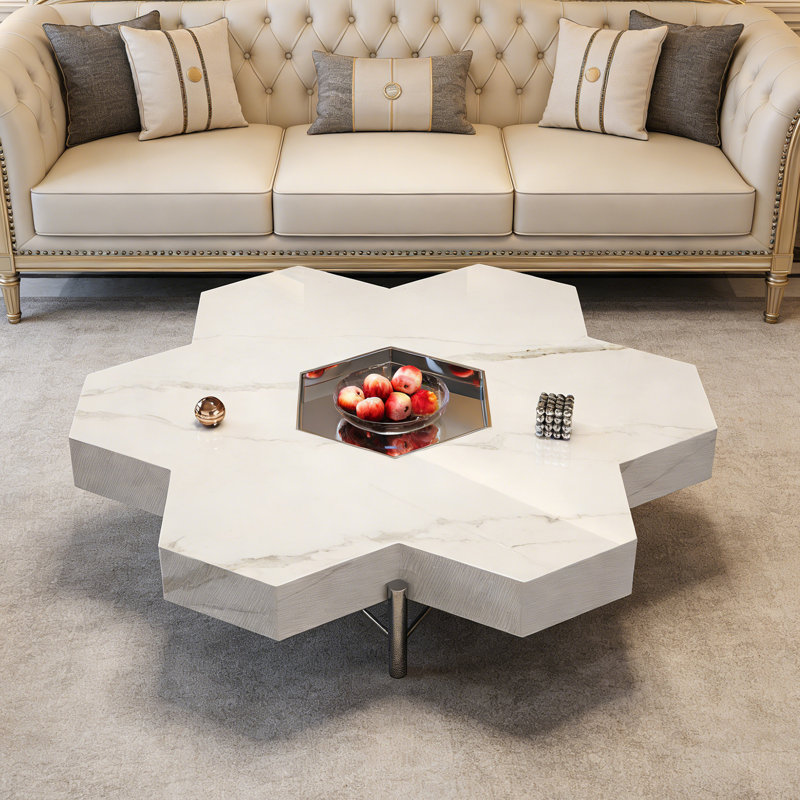 Table basse moderne en ardoise avec plateau en métal, H 13,77 po x L 43,3 po x l 43,3 po, Blanc / gris clair