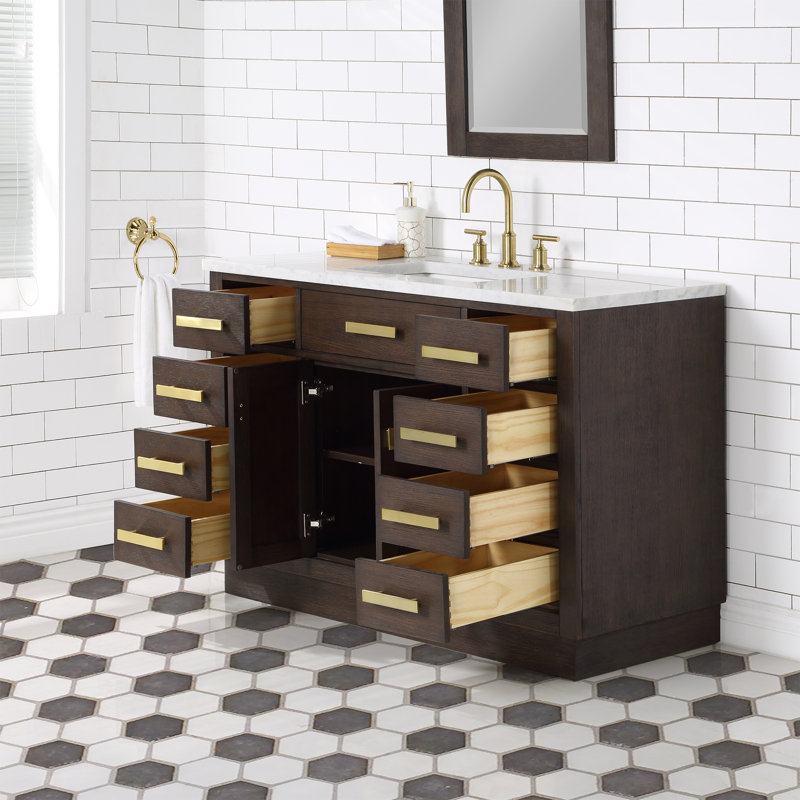 Chestnut 48" Carrara White Marble Countertop Bath Vanity with Mirror, Brown Oak