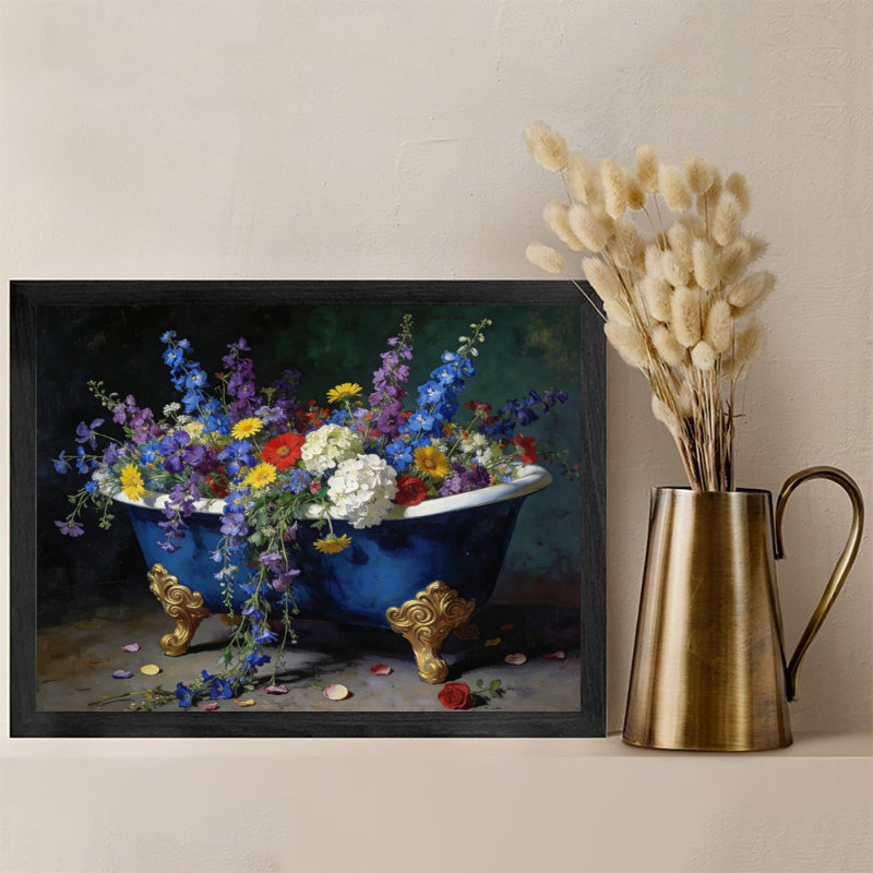 Art mural rétro noir avec baignoire florale rétro, impressions de style réalisme classique, H 13 po x l 17 po