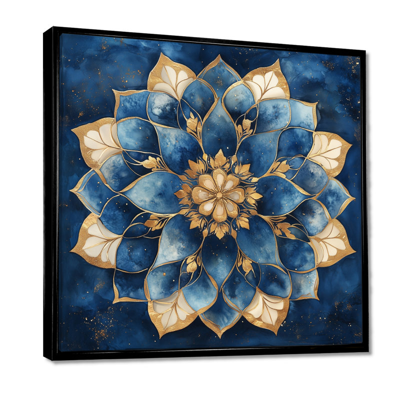 Décoration murale Mandala bleu minuit en or III - géométrie spirituelle, 24" H x 24" W, Cadre flottant noir