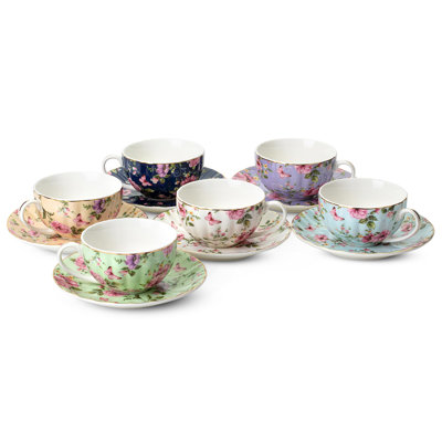 Service à thé 6 pièces en porcelaine florale 7 oz, tasses et soucoupes à garniture dorée, va au lave-vaisselle et au congélateur pour un cadeau de fête des Mères