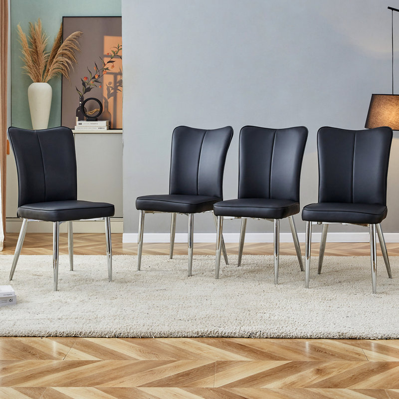 De 4 chaises modernes, cuir synthétique noir avec rembourrage, pieds en métal, conception ergonomique pour la chambre à coucher, le salon, le restaurant, le processus d'installation - repas minimaliste