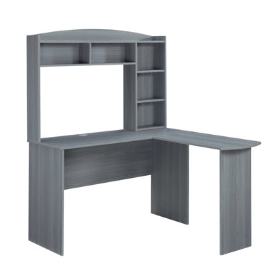 Bureau d'ordinateur gris en L moderne avec huche de rangement, conception en coin