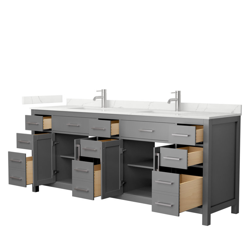 Beckett 84" Freestanding Double Bathroom Vanity with Quartz Top, Dark Gray, Brushed Nickel, Giotto Quartz