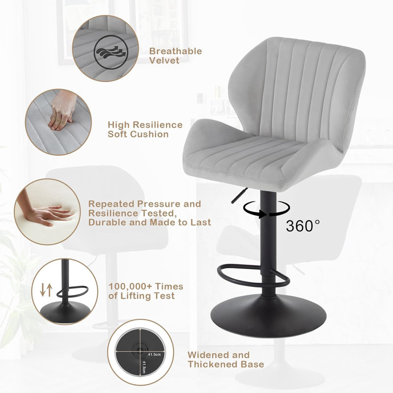 Oumar Swivel Upholstered Adjustable Height Counter Stool with Metal Frame, Light grey