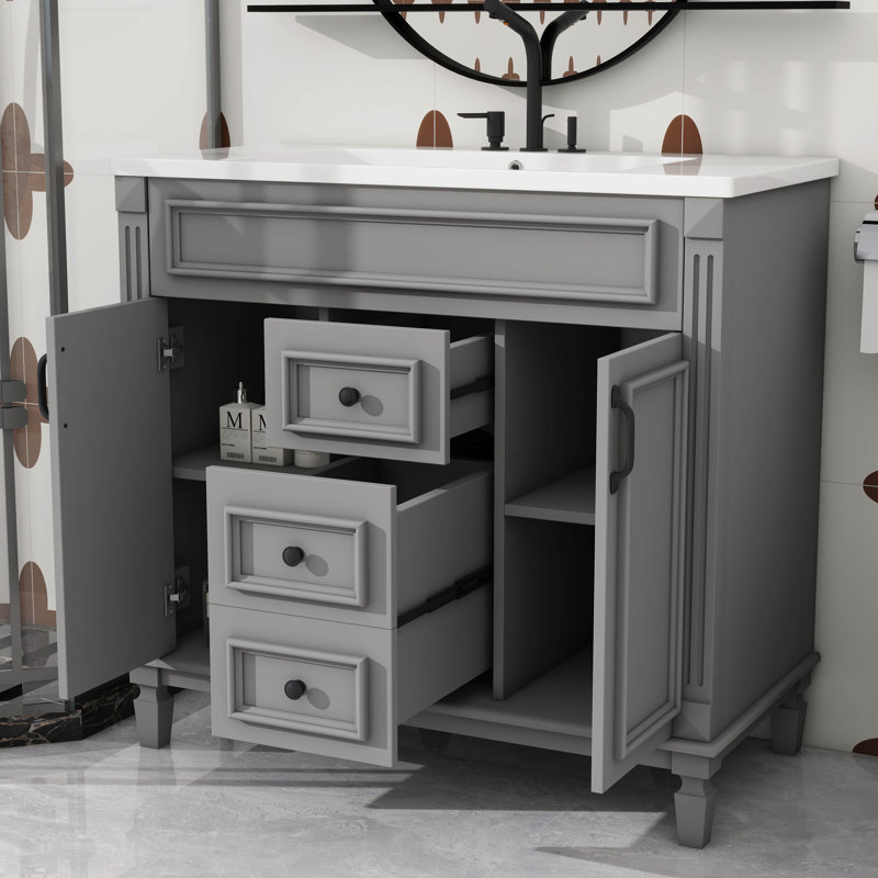 Meuble-lavabo autoportant 36 po avec 2 portes et tiroirs à fermeture en douceur, Gris, Noir