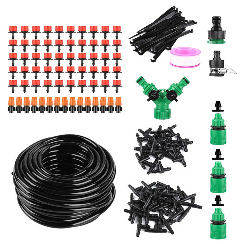 Ensemble d'arrosage goutte à goutte de 164 pi, système d'arrosage automatique de jardin avec 65 buses et raccords de tuyaux, ensemble de refroidissement par brumisation pour serre, parterre de fleurs, patio, pelouse, agronomie