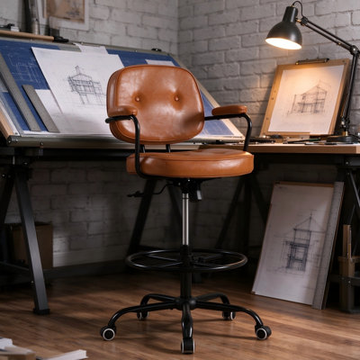 Vintage Faux Leather Drafting Chair with Armrests & Foot Ring, Height Adjustable Swivel Rolling Tall Office Chair