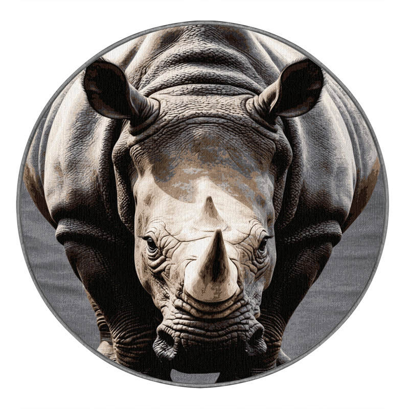 Washable Indian Rhinoceros Wildlife Area Rug, Round 3'