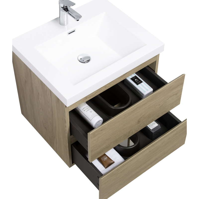 Meuble-lavabo de salle de bain avec lavabo en résine, chêne naturel de 24 po, tiroirs à fermeture en douceur