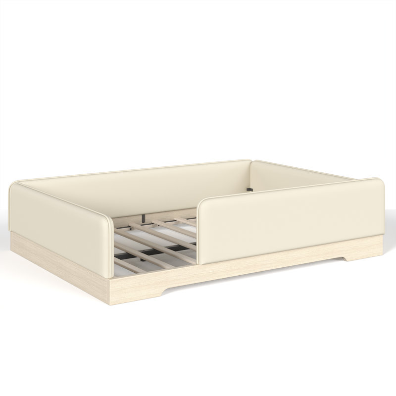 Grand lit sur pied Montessori, structure de lit plateforme en similicuir rembourré avec garde-corps amovibles pour enfants, beige