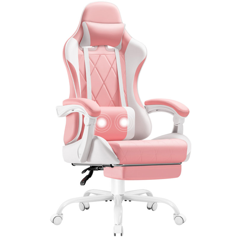 The Twillery Co.® Adjustable Reclining Ergonomic Faux Leather Swiveling PC & Racing Game Chair with Footrest, Pink