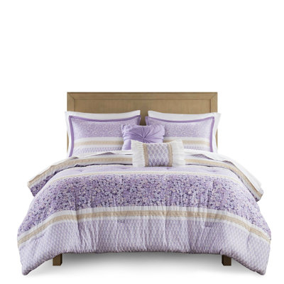 Full/queen Seersucker Comforter And Pillow - Look, Three Floral Prints, Machine Washable Pillows 5 Pcs Style With Lace Trimmed Shams, Filling