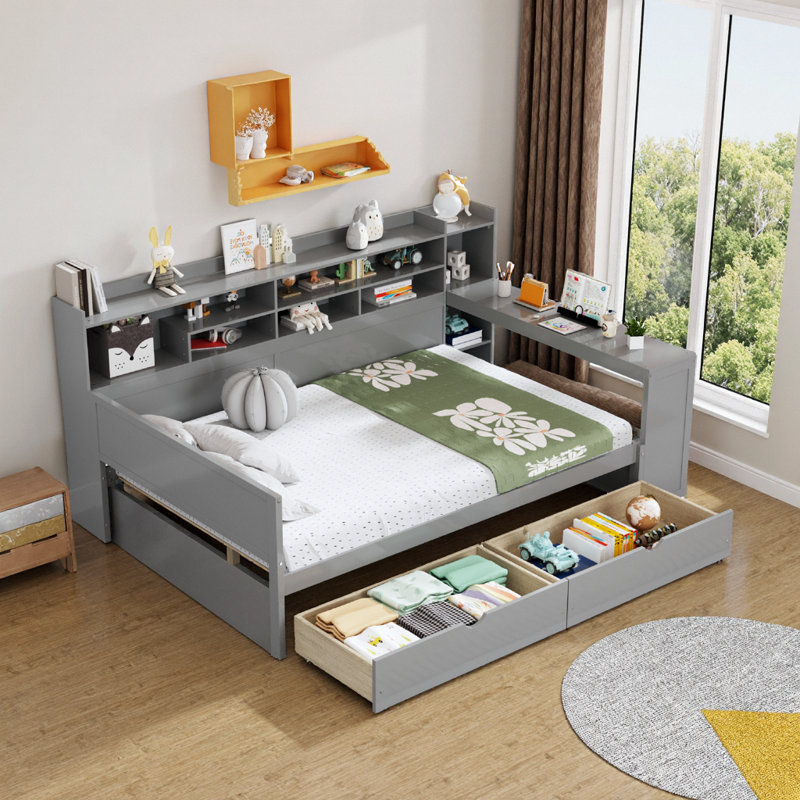 Lit de jour gris avec bureau et rangement | Tablettes intégrées, 2 tiroirs | Lit multifonctionnel peu encombrant, Gris