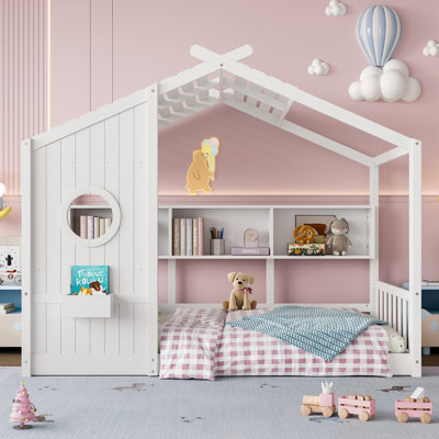 Twin Size Bed with Storage Shelf and Roof Design