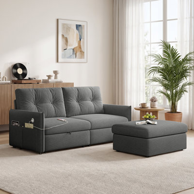 Canapé-lit convertible en velours côtelé de 177 cm (69,7 po), canapé-lit gigogne 3 en 1 avec pouf et rangement, futon d'angle multifonctionnel avec ports de chargement USB pour petits espaces de salon