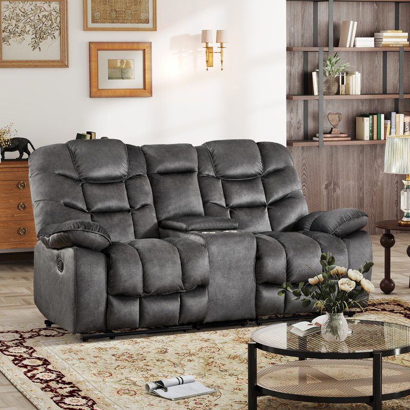 78.35'' Wide Modern Microfiber Manual Reclining Loveseat With Storage Console & Cup Holders, Black