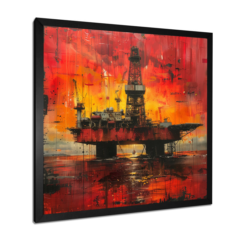Red Orange Oil Rig Seafloor Rebellion I - salon d'art mural, Toile encadrée noire simple, H 16 po x l 16 po x P 1 po
