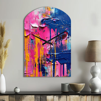 Pink and Blue Explosions Of Color - Abstract Arch Metal Wall Clocks, Pink Asymmetrical Wall Clock Print