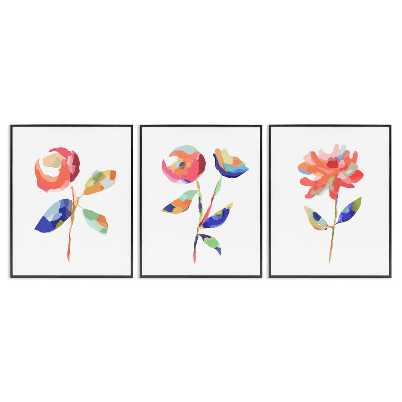  Ensemble de 3 giclées de fleurs à flux libre brossé par Lisa Nohren, H 14 po x l 11 po, Giclée encadrée noir minuit