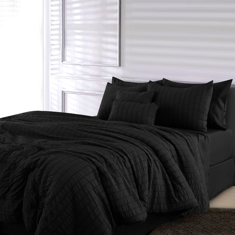 10 Pcs MF Comforter Set Bed in a Bag for All Seasons Seersucker Lightweight Comforter Set with Sheets, Black