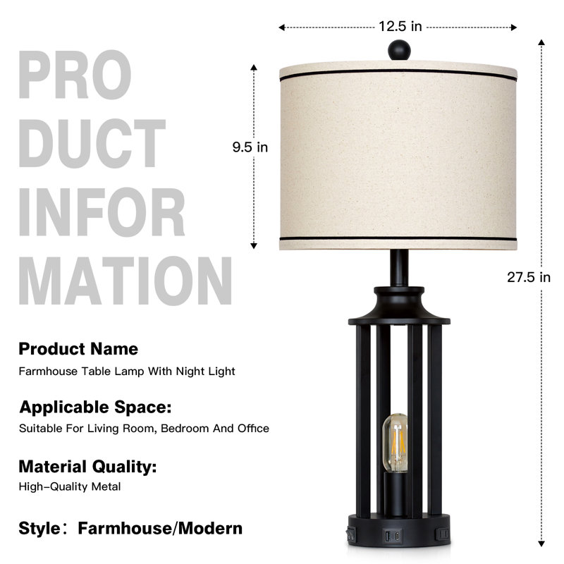 Ensemble de lampe de table en métal 27,5 "avec veilleuse et ports USB Cochranville, Noir, Beige