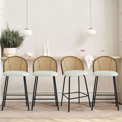 Set of 4 Boucle 27" Upholstery Full Back Rattan Stool