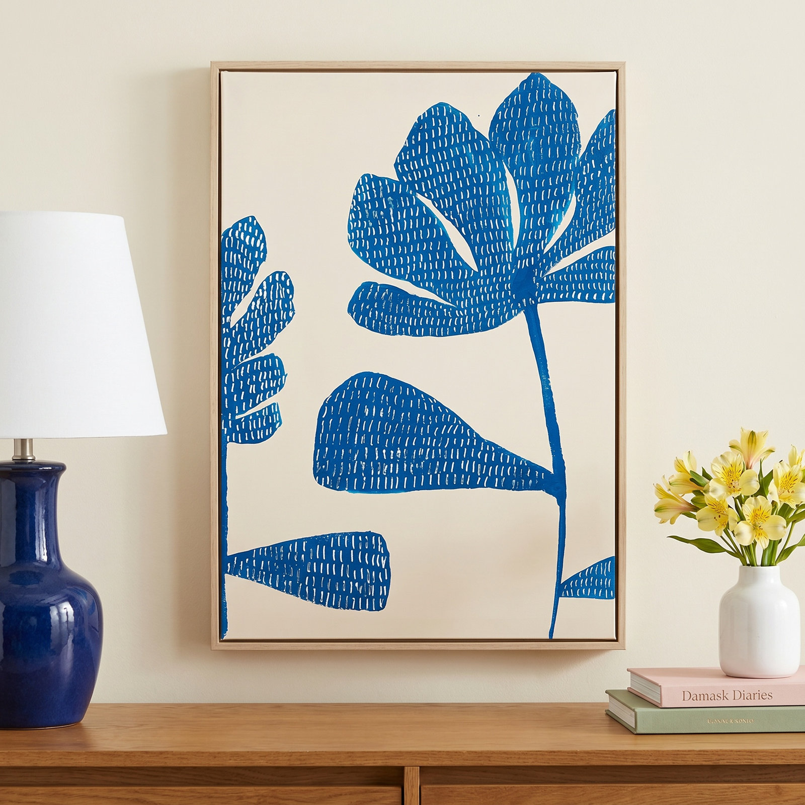 Ceramic Blue 1 Print by Andrea Stokes, White Picture Framed Canvas, 20" H x 14" W