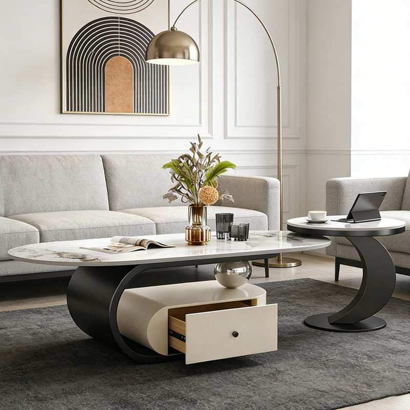 Ensemble de tables basses ovales en ardoise avec tiroir, Blanc / Gris, 16.53" H x 51.18" L x 27.55" W