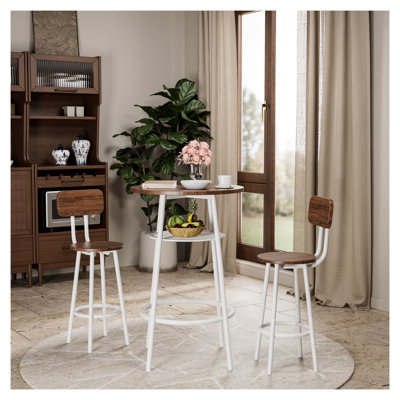 Ensemble de table de bar 3 pièces moderne avec 2 tabourets de bar - Table de pub compacte avec dossier et tablette de rangement pour petite cuisine, brun et blanc