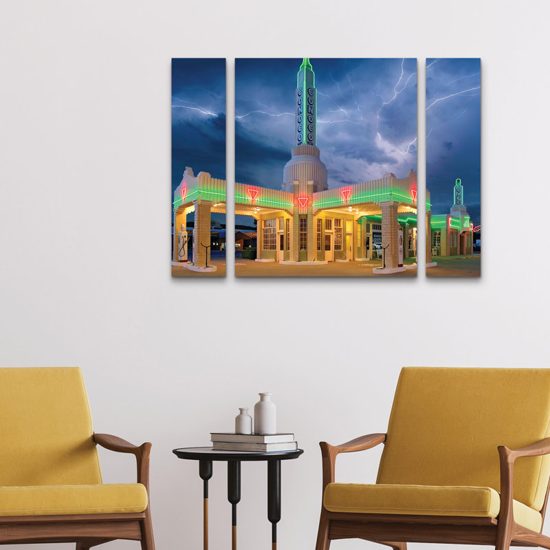 Ensemble de 3 panneaux d'art mural - "Jones Rt 66 Shamrock Texas Conoco Lightning", art mural sur toile pour décoration de salon, de chambre à coucher ou de bureau 
