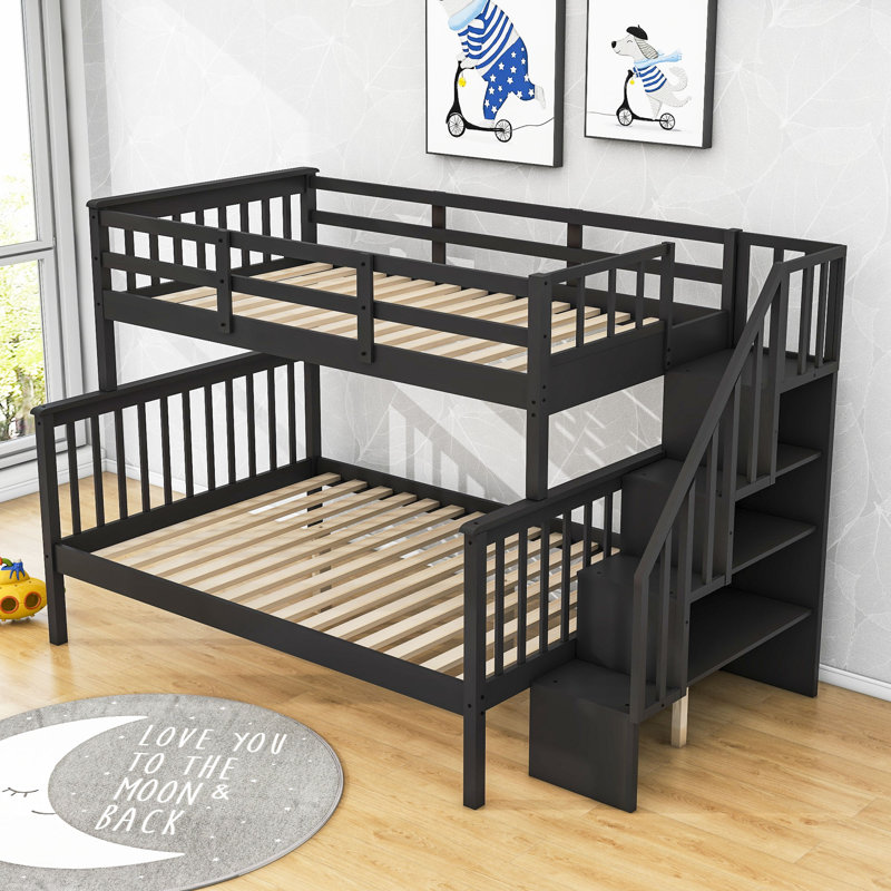 Rasime Twin Over Full Wood Bunk Bed with 3 Shelves, Espresso