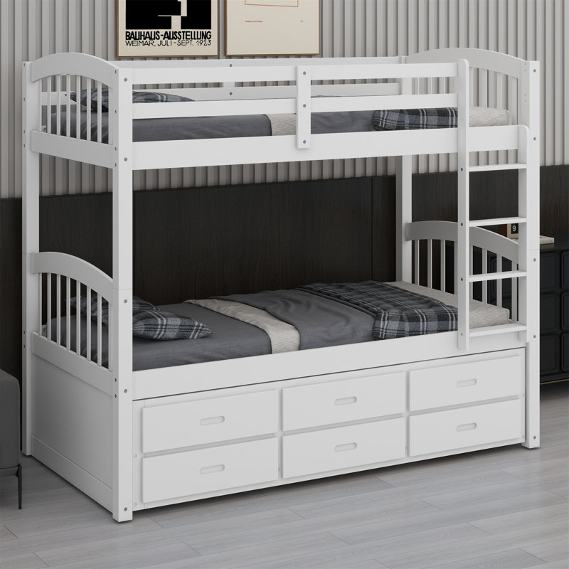 Wood Bunk Bed With Trundle And Drawers, White