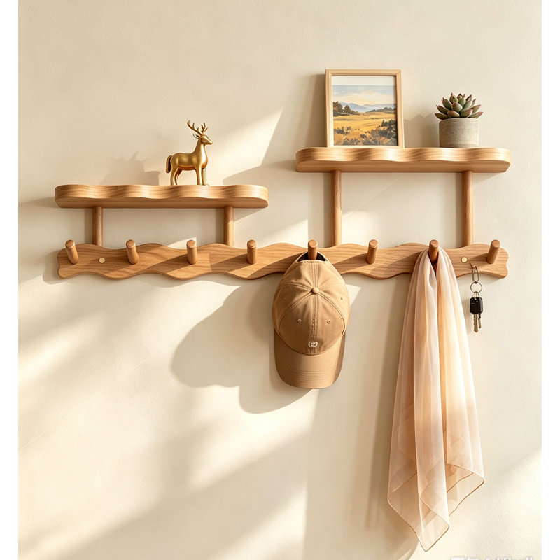 Porte-manteau mural en bois avec tablette, porte-manteau en bois massif à 8 crochets, Naturel
