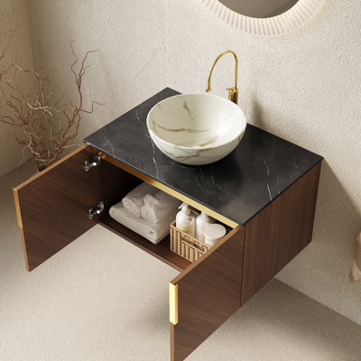30" Bathroom Vanity Featuring Black Countertop, White Stone Pattern, Brown Oak Cabinet, Double Door Soft Close, Diagonal Design, Large Storage Space Floating Cabinet With Sintered Stone, Ceramic