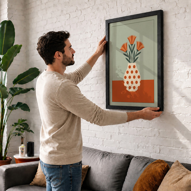 Polka Dot Vase Mid-Century - Framed Print, A2 - 59.4 x 42.0 cm, White