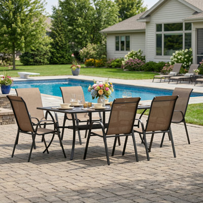 6-Person Outdoor Rectangular Patio Dining Set With Stackable Textilene Chairs