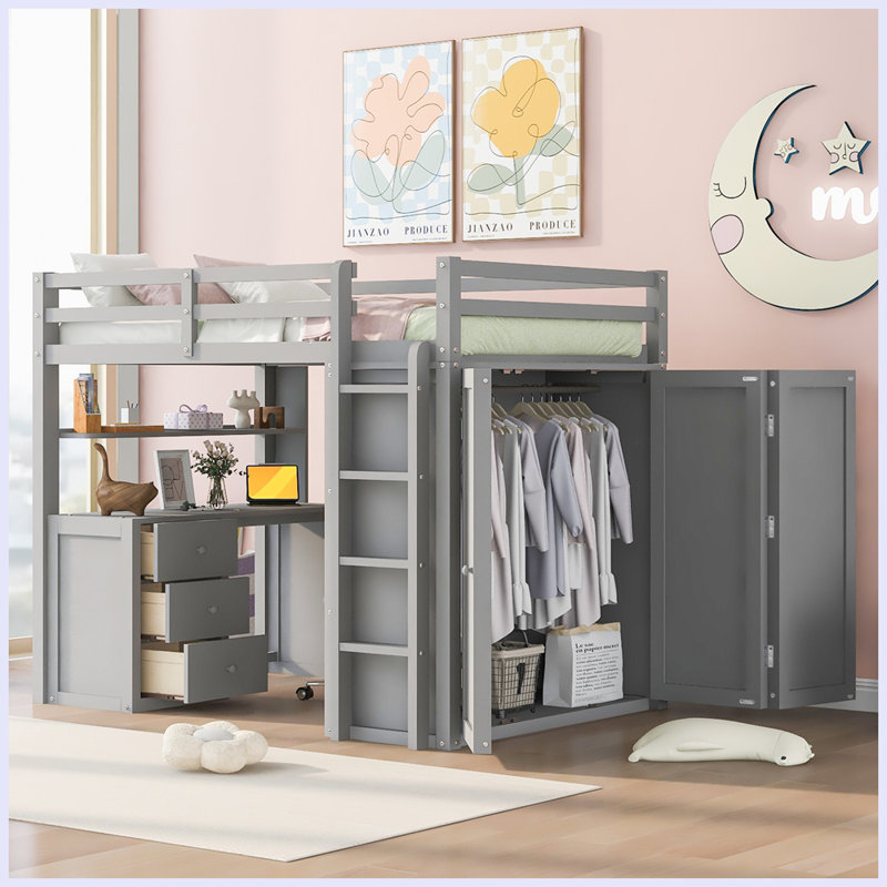 Lit mezzanine moderne avec tiroirs, bureau et garde-robe, Gris, Complète