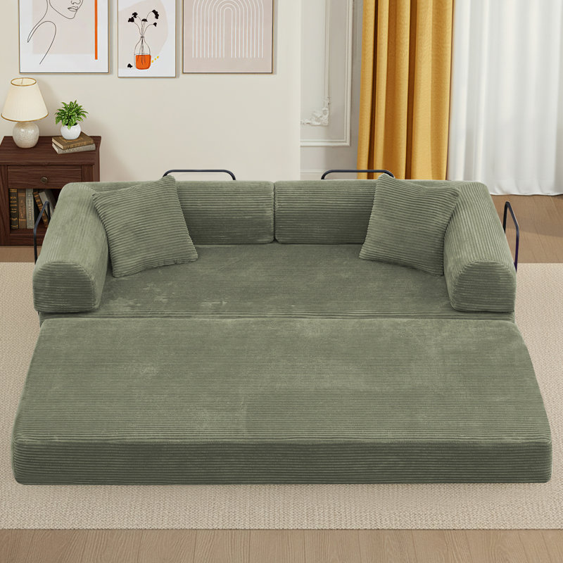 89" Boneless Corduroy Sleeper Sofa Bed, Modular Futon Couch, Compression Foam Sofa with 2 Pillows, No Assembly Required