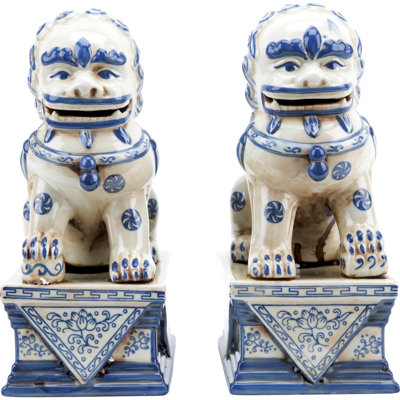 Blue and White Antiqued Foo Dog Pair