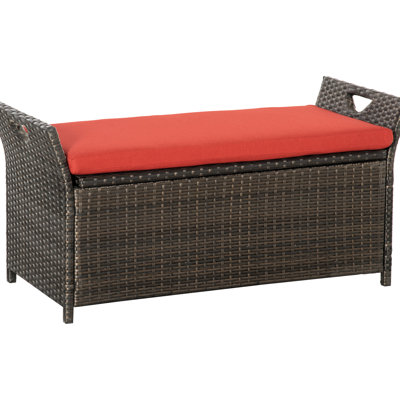 Red Outdoor Patio Storage Bench, 27 Gallon, With Handles And Cushion, Made From Stable Pe Gallon Rack In Red, Cushion For