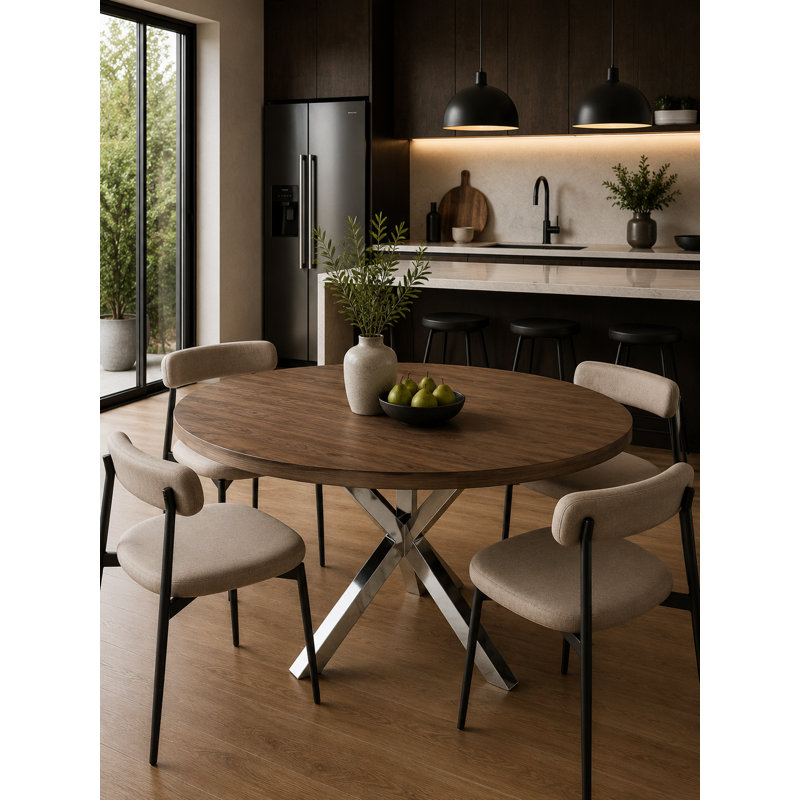 Table de salle à manger ronde en bois et métal Pangea Home, Argent argent, Noyer