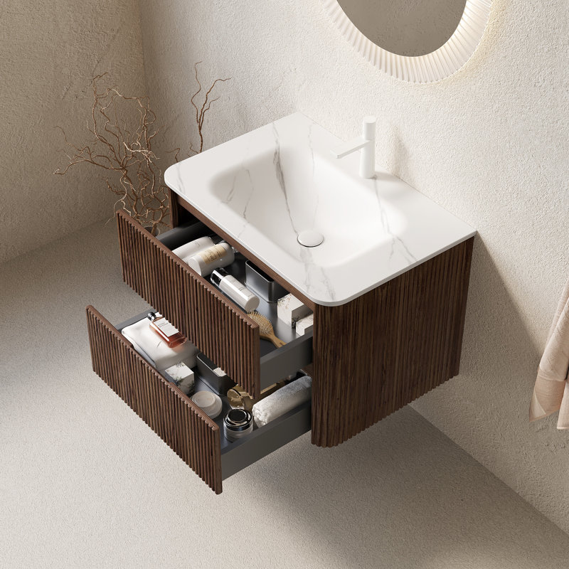 Ensemble de meuble-lavabo flottant 30 po à 2 tiroirs avec rangement en contreplaqué au fini noyer rétro style moderne avec lavabo style scandinave